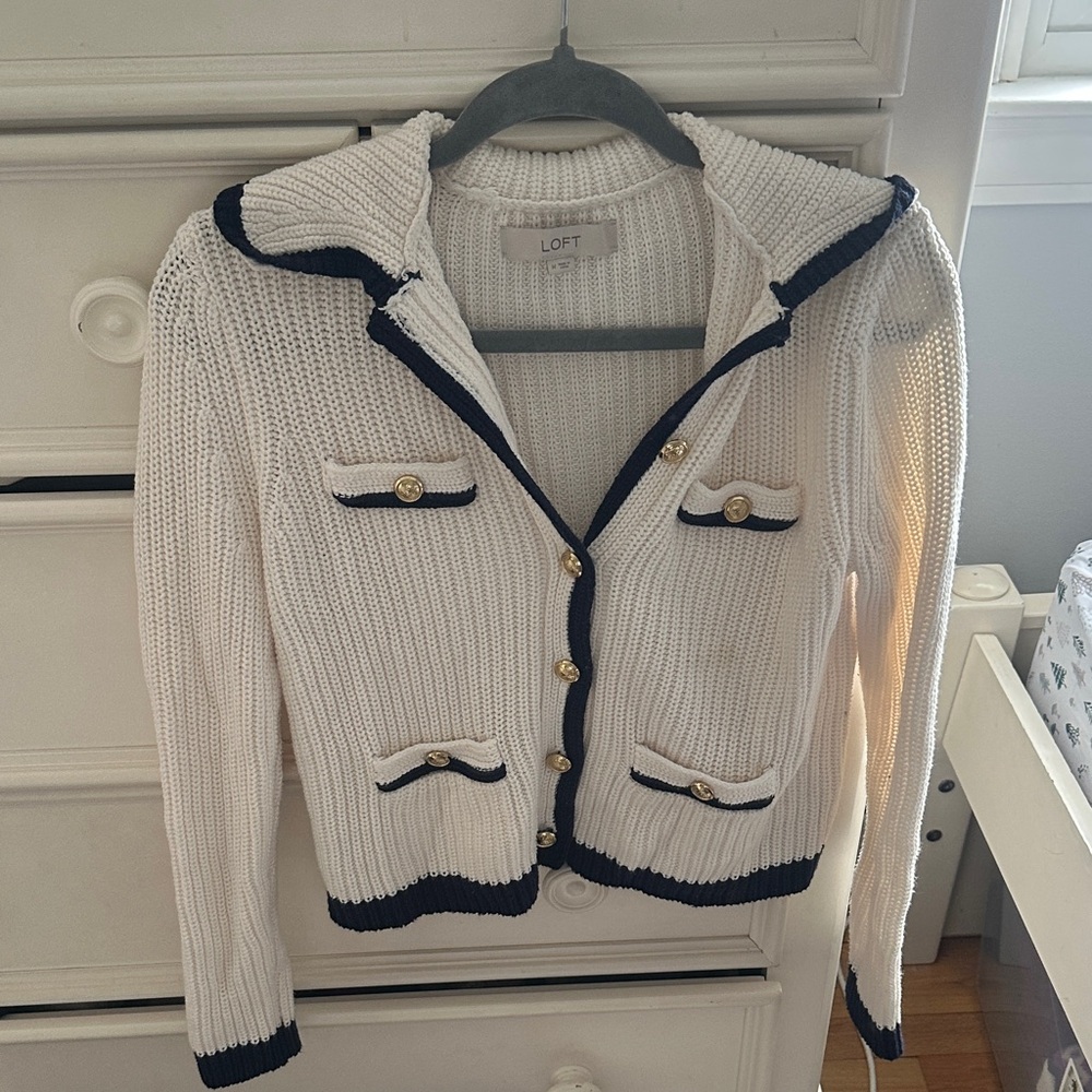 LOFT White Cardigan with Navy Accents and Gold Buttons